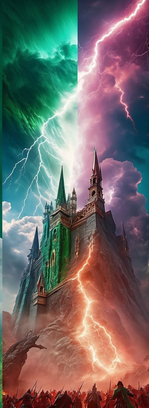 Generate a photorealistic photo of humanity battle with monster, fairytale, insanely intricate detailed, bloody sky, cinematic lightning, gold and emerald, high resolution, 8k, high quality, fantasy, vibrant color, EpicSky, 