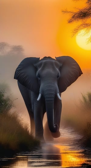 thick morning fog, elephant, 85mm, river, sunrise, cloudy, RAW photo, subject, 8k uhd, dslr, photo-realistic, hyperrealism, 8K resolution, HDR, highly detailed, perfect hand, ultra detailed, 