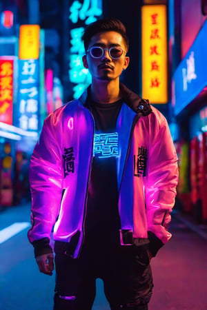 Asian man , young , white skin , handsome , facial hair ,glow glasses , realistic, big eyes , full body , cyberpunk,neon Tokyo night street, neon lights, glow jacket