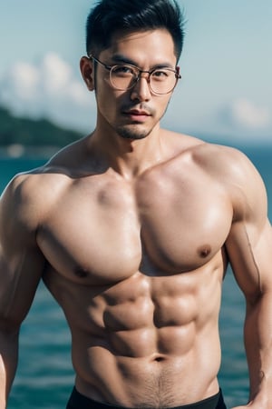 Asian man, handsome , glasses ,stubble, summer ,photorealistic ,Muscle