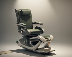 There is a pedicure massage chair that is sitting on a chair with a footrest, product design render, 3D product render, futuristic furniture, 3D hard surface design, luxury furniture, luxurious, 3D product, concept-art, seated in royal ease. An electric pedicure massage chair has two main parts in Detail cyberpunk: the recliner and the base. 8k Realistic, The recliner is made from a thin mattress back and armrests, rush brown leather, The armrests are used to rest the arms, the armrests are for nail polish, {{and the armrests have a hole cup for wine on the side tray]}. The base includes the base frame for the chair the sink and the footrest for the pedicure, The sink is a frosty resin material (super detailed chair & sink), MECHA CYBER, DIAMOND CORE IN design, in the style of light yellow and dark royal blue, Fujifilm gw690iii, light gray and yellow, color-blocked shapes, bold whites, swiss style, subtle surface decoration, a scooter of the future, olive white and a little blue, sleek, conceptual elements, industrial design, retro style, science fiction, white background. Official art, ultra-detailed, beautiful and aesthetic, beautiful, masterpiece, best quality, Fantastical Atmosphere, Calming Palette, Tranquil Mood, Soft Shading, Miko priestess, charm spell, talisman familiar, shrine maiden duties, futuristic futurism photo taken with Provia, olive green and beige, fine lines, delicate curves, warm-core Center symmetrical composition, Green and gold are the main colors, Soft light effects, Cinematic lighting, a light luxury style, LV3D renderings, ((white background)),Car,car,carthagetech