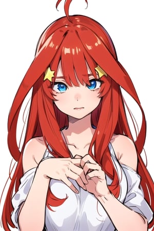 Itsuki Nakano, blue eyes, red hair, star \(symbol\), hair ornament, star hair ornament, best quality, high resolution, unity 8k wallpaper, (illustration:0.8), (beautiful detailed eyes:1.6), extremely detailed face, perfect lighting, extremely detailed CG, (perfect hands, perfect anatomy), only one person, busty, 




