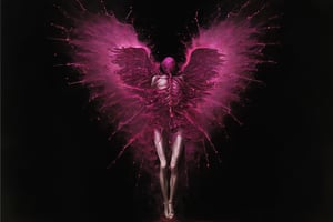 photorealistic 3d rendering of angel, but head replaced for an incomplete human heart made out of black/red silk and luminous golden veins, but falling appart. fragments falls down and plashing into a burning puddle of luminous burgundy paint splattering as liquid metal. in motion effect. long exposition camera. blurred with sparks. pink/violet spotlights. ultra detailed