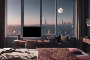 #McBane: 3d animation cinematic still of a cozy room, big windows with city view at night, crested moon, melancholic, sad vibes, bed is unmade, computer desk, cluttered with the mismatched furniture, guitar in the corner, in style of Pixar, Disney