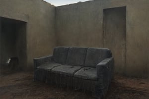 Abandoned house, tattered sofa, death, horror, Thai elements, dark scene, 8k, reality, hyperdetail, digital artwork by Beksinski