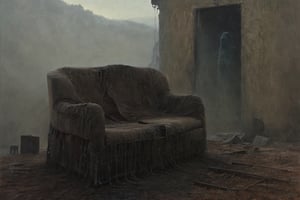Abandoned house, tattered sofa, horror, Thai elements, woman, dark scene, 8k, reality, hyperdetail, digital artwork by Beksinski