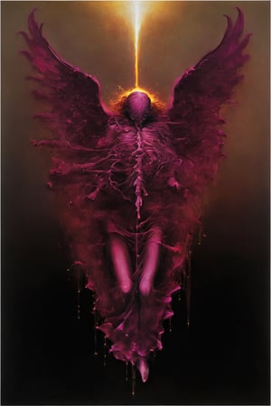 photorealistic 3d rendering of angel, but head replaced for an incomplete human heart made out of black/red silk and luminous golden veins, but falling appart. fragments falls down and plashing into a burning puddle of luminous burgundy paint splattering as liquid metal. in motion effect. long exposition camera. blurred with sparks. pink/violet spotlights. ultra detailed, in the style of esao andrews