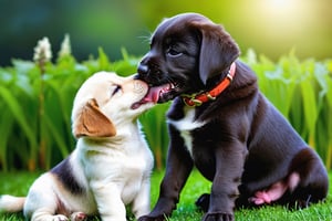 
background is grass,
baby dog, (they is kissing each other:1.3), one dogwas smile, another dogwas angry, one dogwas putted a vine into  another s mouth,