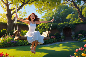 A stunningly beautiful young woman, her long, wavy auburn hair flowing gently in the warm summer breeze. She is wearing a flowing white dress that billows around her as she gracefully swings back and forth in a large, circular garden swing. The swing is suspended mid-air, its chains wrapped around a massive, ancient tree, its leaves shimmering emerald green in the sunlight. The woman's eyes are closed, her face upturned to the sun, her lips curved into a delighted smile as she laughs heartily, the sound filling the air with joy and delight. Beneath her feet, a soft bed of blooming flowers carpets the ground, their colors vibrant and alive, reflecting the warmth of the sun's rays. The garden itself is meticulously maintained, with perfectly trimmed hedges, lush green grass, and a variety of flowering plants and trees creating a peaceful, enchanting atmosphere.,realistic