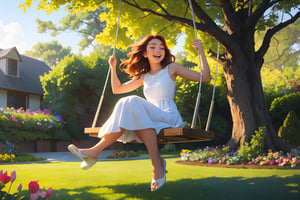 A stunningly beautiful young woman, her long, wavy auburn hair flowing gently in the warm summer breeze. She is wearing a flowing white dress that billows around her as she gracefully swings back and forth in a large, circular garden swing. The swing is suspended mid-air, its chains wrapped around a massive, ancient tree, its leaves shimmering emerald green in the sunlight. The woman's eyes are closed, her face upturned to the sun, her lips curved into a delighted smile as she laughs heartily, the sound filling the air with joy and delight. Beneath her feet, a soft bed of blooming flowers carpets the ground, their colors vibrant and alive, reflecting the warmth of the sun's rays. The garden itself is meticulously maintained, with perfectly trimmed hedges, lush green grass, and a variety of flowering plants and trees creating a peaceful, enchanting atmosphere.,realistic