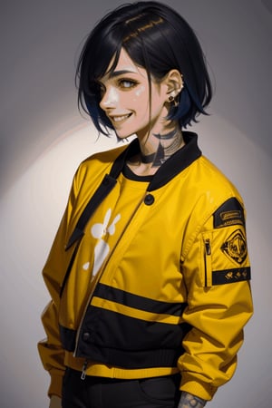 Best quality, masterpiece, 1girl, short hair, yellow eyes, spiky hair, tattoos, black pants, upper body, ear piercings, blue and white bomber jacket, profile picture, smiling,outfit-km