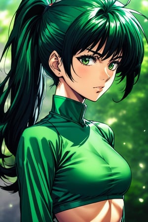 (upper_body from knees framing:1.5),xxmixgirl,Female anime manga characters, in the style of Yu Yu Hakusho, dark green and light black, uncanny valley realism, shiny eyes, multilayered realism
