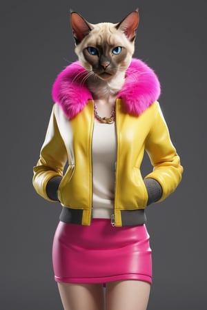 ((extremely detailed CG)),((8k_wallpaper)),(((masterpiece))),((best quality)) A woman with a Siamese cat head, hot pink fur, wearing a mini skirt and yellow jacket,anthro,merge