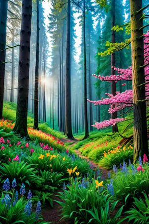 (Masterpiece), (hyper-realistic), (perfectly Detailed) Artistic photography, absurdres, masterpiece 8K HDR quality image, a forest with colored flowers