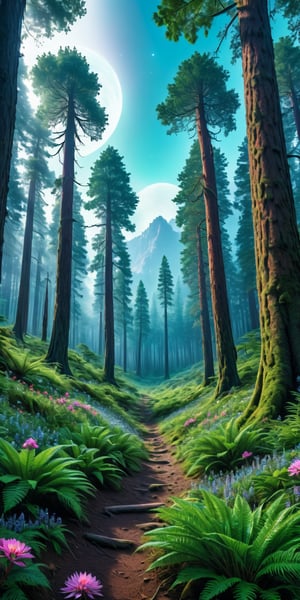 (Masterpiece), (hyper-realistic), (perfectly Detailed) Artistic photography, absurdres, masterpiece 8K HDR quality image, a flowered forest from a extraterrestrial planet 