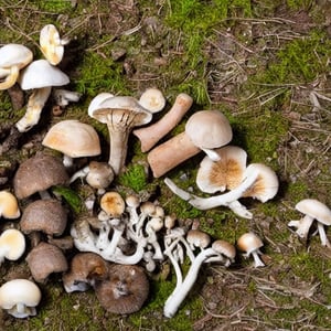 Fungi and mushrooms on top of bones of a body in the middle of a forest