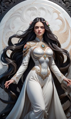 official art, unity 8k wallpaper, ultra detailed, beautiful and aesthetic, beautiful, masterpiece, best quality, an assortment of different floral patterns spread throughout. Finely intricated magic circles, (Intricately carved marble background:1.8). (woman, very long hair, full body shot, majestic pose ) ,horror