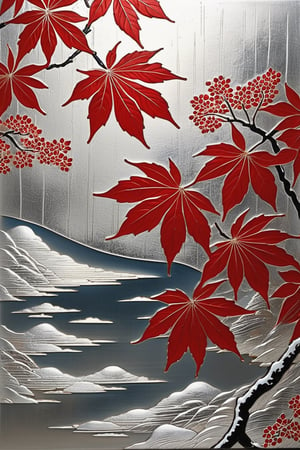silver leaf art, representing winter depicted on a using silver leaf technique for traditional Japanese fusuma-e art, Emphasize the use of silver leaf to capture the brilliance of winter sunlight,red leaf, and the serene beauty of landscapes,Japanese tree,traditional artistry of fusuma-e with the opulence of silver leaf,japanese art