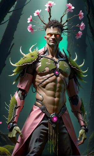 (The king),(Cyberpunk Treeman),metal leaves,wired branches,glowing light eyes,mechanical bark,with moss-covered bark,tribe outfit,(ancient tribal markings),control tendrils extending from the arms,Neon lights dancing on the body,(Lightning around branches and leaves),(peach blossom),Soft and delicate petals,vivd colour,(A harmonious blend of green and pink),(Ominous dark clouds in the sky),Night atmosphere,A futuristic,Vivid colors and high-contrast lighting,Dramatic shadows and highlights.(best quality, 4k, 8k, masterpiece: 1.2), ultra fine, (realistic, photo realistic, photo realistic: 1.37)