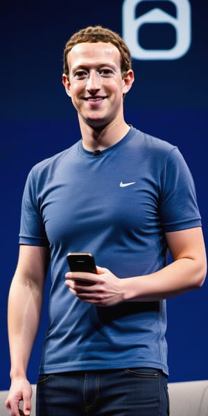high quality
Mark Zuckerberg 
Extraterrestrial characteristics 
smiling
standing
Holding a smartphone 
Technology  in the background