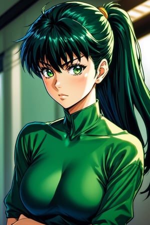 (upper_body from knees framing:1.5),xxmixgirl,Female anime manga characters, in the style of Yu Yu Hakusho, dark green and light black, uncanny valley realism, shiny eyes, multilayered realism

