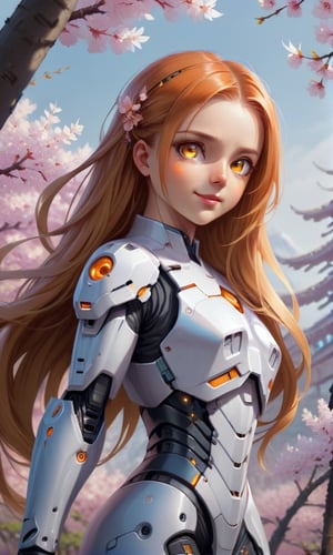 masterpiece, best quality, 1girl, yellow eyes, Beautiful face, delicate eyes, smile, long hair, orange hair, tree, standing, cherry blossoms, looking at viewer, upper body, from below, looking back, ((Mecha)), young girl, Cyberpunk, CyberMechaGirl