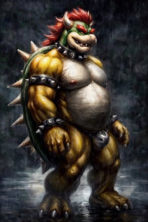 full_body, full-body_portrait, raining, detailed background, high_resolution, high_res, detailed, male, realistic, Bowser, King Koopa, Super Mario Bros, nj5furry,