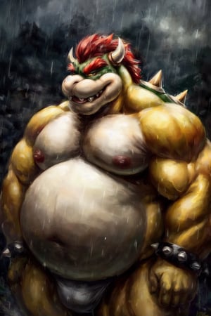 full_body, full-body_portrait, raining, detailed background, high_resolution, high_res, detailed, male, realistic, Bowser, King Koopa, Super Mario Bros, fat, chubby, round_belly, large_belly, buff, muscle gut, flat chest, nj5furry,