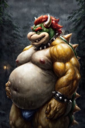 full_body, full-body_portrait, raining, detailed background, high_resolution, high_res, detailed, male, realistic, Bowser, King Koopa, Super Mario Bros, fat, chubby, round_belly, large_belly, buff, nj5furry,