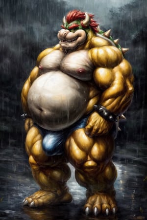 full_body, full-body_portrait, raining, detailed background, high_resolution, high_res, detailed, male, realistic, Bowser, King Koopa, Super Mario Bros, fat, chubby, round_belly, large_belly, buff, muscle gut, bulge, nj5furry,