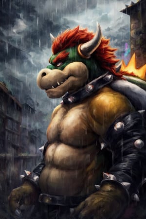 full_body, full-body_portrait, raining, detailed background, high_resolution, high_res, detailed, male, realistic, fluffy, colorful, Bowser, King Koopa, Super Mario Bros, nj5furry,