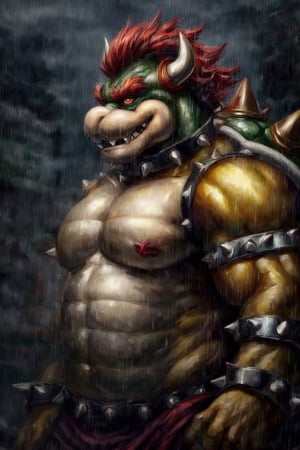 full_body, full-body_portrait, raining, detailed background, high_resolution, high_res, detailed, male, realistic, Bowser, King Koopa, Super Mario Bros, nj5furry,