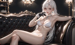 masterpiece,best_quality,blurry_background,1girl,solo,(fractal clothes:1.4, intricated),white_hair,perfect_face,full_body,black bikini underwear,black_gloves,right hand on the breast,sitting on sofa,leg_spread