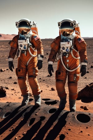 Two astronauts in full EVA suits step cautiously towards the battered remains of an extraterrestrial spacecraft, its once-sleek surface now weathered to a rusty orange from 300 years of exposure to the comet's tail. The wreckage is eerily illuminated by the setting sun on the distant horizon, casting long shadows across the dusty, barren terrain.