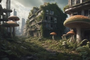 dilapidated city overgrown with alien fungi
