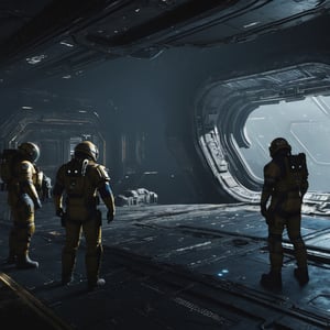 weyland-yutani space marines inspecting a derelict spaceship, cell animation style