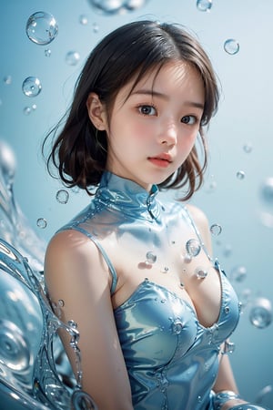 (1girl:1.1),stars in the eyes,(pure girl:1.1),upper_body,There are many scattered luminous petals,green theme,bubble,
contour deepening,white_background,cinematic angle,character in the lower right corner,adhesion,tight clothing,
flowing liquid,blue_IDphoto,masterpiece