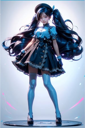 masterpiece,best quality,
1girl,asymmetrical legwear,(black bow:1.2),black ribbon,(blue hair:1.5),bow,breasts,full body,gloves,(hair bow:1.3),birthday hat,hat,(long hair:1.2),simple background,solo,standing,striped bow,thighhighs,very long hair,white background,white gloves,(lace legwear:1.2),Delicate hands,detailed fingers,five fingers,(one hand pinching the waist:1.3),(twintails:1.3),realhands,Circle,r1ge,chibi
