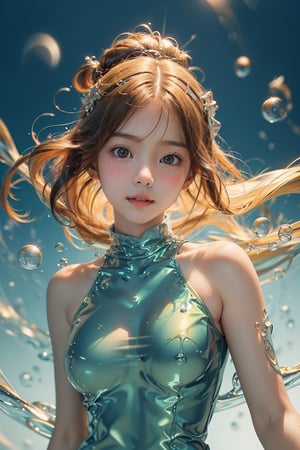 (1girl:1.1),stars in the eyes,(pure girl:1.1),upper_body,There are many scattered luminous petals,green theme,bubble,
contour deepening,white_background,cinematic angle,character in the lower right corner,adhesion,tight clothing,
flowing liquid,blue_IDphoto,