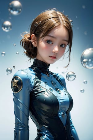 (1girl:1.1),stars in the eyes,(pure girl:1.1),upper_body,There are many scattered luminous petals,green theme,bubble,
contour deepening,white_background,cinematic angle,character in the lower right corner,adhesion,tight clothing,
flowing liquid,blue_IDphoto,