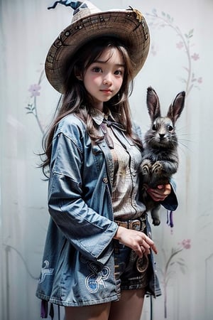 solo, ((Cowboy Shot: 1.5)), 1 girl, beautiful korean girl, looking at viewer, 18 yo, over sized eyes, big eyes, smiling, girl caressing a rabbit, dressed as a witch near a river, crouching caressing the rabbit, pastel colors, purple colors, blue colors, green colors, shading, gray scale, hand drawn