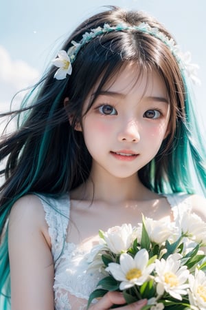 miku hatsune, long hair, white flower garden, wedding dress, holding bouquet, sliming, blue sky, no cloud, smiling, open mouth ray tracing, cinematic lighting, cuteness, freedom, hope, sharp focus, vibrant color, depth of field, cowboy shot, (intricate detail:1.2), (white theme:1.4), (blue tone:1.4), illustration, watercolor art, perfect light, 1 girl, beautiful korean girl, 18 yo, over sized eyes, big eyes, smiling, looking at viewer