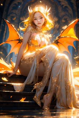 Masterpiece, beautiful, Incredibly detailed, 1 girl, most beautiful korean girl, Korean beauty model, stunningly beautiful girl, gorgeous girl, 20yo, over sized eyes, big eyes, smiling, looking at viewer, Anime Eyes, Detailed Eyes, (a mesmerizing woman hiding her dragon form, she radiates a mature yet youthful aura. Blonde hair shifts to fiery orange, cascading to her feet. Mystical, ethereal lighting bathes her in a radiant glow. Yellow eyes gleam, framed by long blonde lashes. Adorned in a flowing dress of white, orange, and pink, embellished with jewels and flowers. Pink and orange dragon wings and horns complete her enchanting presence.,masterpiece