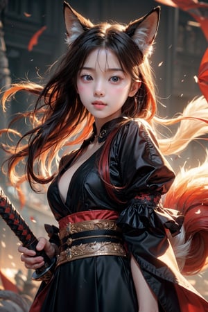 vibrant colors, female, masterpiece, sharp focus, best quality, depth of field, cinematic lighting, ((solo, one woman )), (illustration, 8k CG, extremely detailed), masterpiece, ultra-detailed, solo, 1 girl, beautiful korean girl, looking at viewer, 18 yo, over sized eyes, big eyes, smiling, blue eyes, black hair, ribbon, red hair, multicolored hair, two-tone hair, streaked hair, alternate hairstyle, dark dress, katana in hand in front of face,
the background is filled with smoke and destruction, crows soar in the sky, creating an atmosphere of chaos, long hair, (katana in hands, fox ears, three tailed fox, triple fox tail) anger on the face, black earring, (full length)
