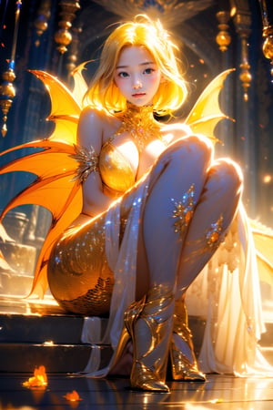 Masterpiece, beautiful, Incredibly detailed, 1 girl, most beautiful korean girl, Korean beauty model, stunningly beautiful girl, gorgeous girl, 20yo, over sized eyes, big eyes, smiling, looking at viewer, Anime Eyes, Detailed Eyes, (a mesmerizing woman hiding her dragon form, she radiates a mature yet youthful aura. Blonde hair shifts to fiery orange, cascading to her feet. Mystical, ethereal lighting bathes her in a radiant glow. Yellow eyes gleam, framed by long blonde lashes. Adorned in a flowing dress of white, orange, and pink, embellished with jewels and flowers. Pink and orange dragon wings and horns complete her enchanting presence.