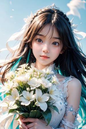 miku hatsune, long hair, white flower garden, wedding dress, holding bouquet, sliming, blue sky, no cloud, smiling, open mouth ray tracing, cinematic lighting, cuteness, freedom, hope, sharp focus, vibrant color, depth of field, cowboy shot, (intricate detail:1.2), (white theme:1.4), (blue tone:1.4), illustration, watercolor art, perfect light, 1 girl, beautiful korean girl, 18 yo, over sized eyes, big eyes, smiling, looking at viewer