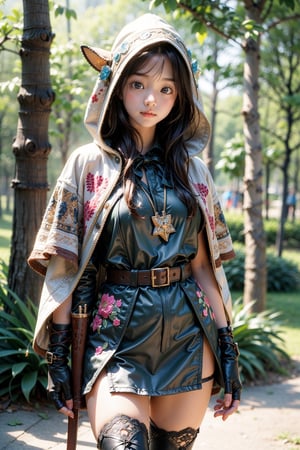 Masterpiece, beautiful details, perfect focus, uniform 8K wallpaper, high resolution, exquisite texture in every detail, ((Cowboy Shot: 1.5)), blue eyes, 1 girl, beautiful korean girl, looking at viewer, 18 yo, over sized eyes, big eyes, clear shining deep eyes, smile, happy, open mouth, break The look of a forest hunter, beautiful korean idol, Hooded cloak with elf embroidery, Tunics and leggings with nature motifs, Lace-up leather bracer and knee-high boots, Leaf pendant, fingerless gloves, feathered quiver, break pastel,perfect light,watercolor,masterpiece