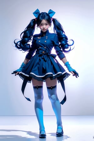 masterpiece,best quality,
1girl,asymmetrical legwear,(black bow:1.2),black ribbon,(blue hair:1.5),bow,breasts,full body,gloves,(hair bow:1.3),birthday hat,hat,(long hair:1.2),simple background,solo,standing,striped bow,thighhighs,very long hair,white background,white gloves,(lace legwear:1.2),Delicate hands,detailed fingers,five fingers,(one hand pinching the waist:1.3),(twintails:1.3),realhands,Circle,r1ge,chibi