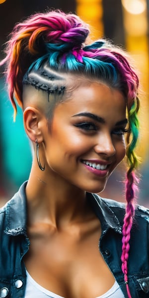 Masterpiece, best quality, highly detailed, UHD, 8K, a picture of beautiful female breasts, 23 years old, detailed skin, tanned skin, tan lines, perfect body with ideal proportions, perfect eyes with very long eyelashes, juicy lips, sensual makeup, smile perfect, smiling, (punk haircut with braids and mohawk), ponytail, sensual and sensitive, open blouse, simple background, nsfw, abstract, Leonardo Style, charcoal drawing, intense colors, vibrant colors, chromatic aberration, sharp focus, beautiful volumetric lighting, epic light, intricate, bokeh, UHD, 8K,cyber