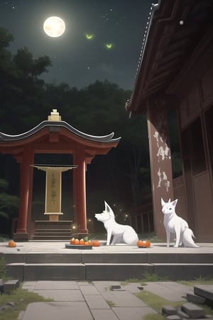 A white fox eats the fruit (only 2 fruits) offered on the Buddhist altar. At night, the moonlight is weak 1.1, in the ruined temple 1.2. There is a Guanyin statue in the background, rich details, ultra-high-definition quality, 8k, the moonlight shines on the altar, there are green fireflies